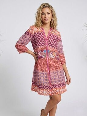 074 HALE BOB Women's Mandarin Collar Boho-Chic Mixed Print Mini Dress - Large